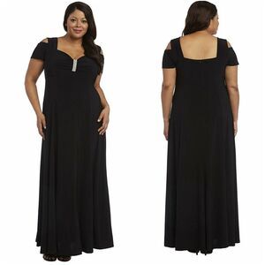 New! R&M RICHARDS Cold-Shoulder Gown Black Dress Plus Size Rhinestone Trim